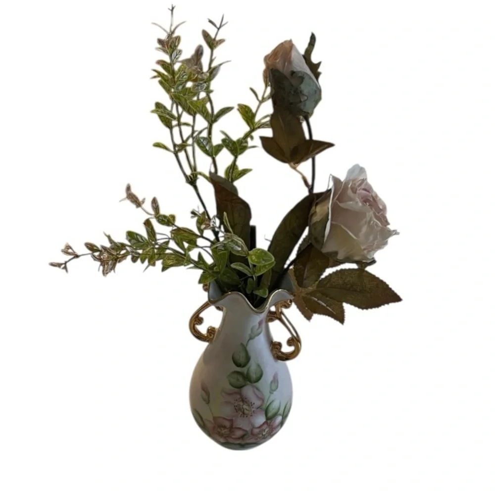 Vintage Hand Painted Floral Ivory Gold Detail Double Handled Porcelain Vase